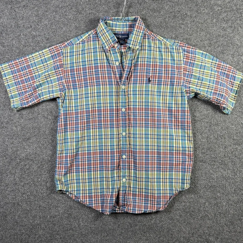 Ralph Lauren Plaid Button Down Boys Size M 12-14 Multi Color Short Sleeve Pony